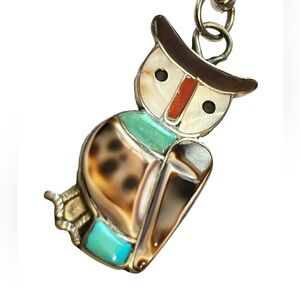 Sold❌ZUNI V. Lesansee American Indian Sterling Silver Mosaic Inlay Owl Pendant